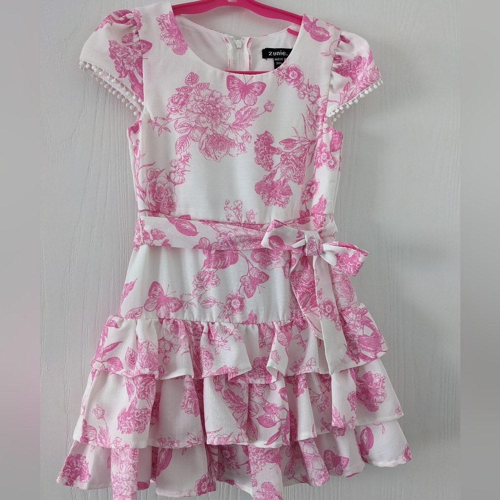 Zunie Pink and White Floral Ruffle Dress